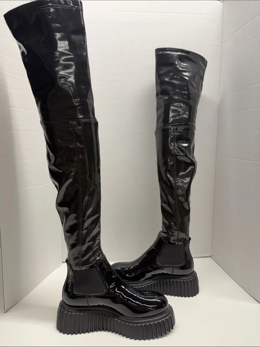 AGL Over The Knee Boots Tall Pull On Patent Shiny Leather Stretch Black Size 6.5
